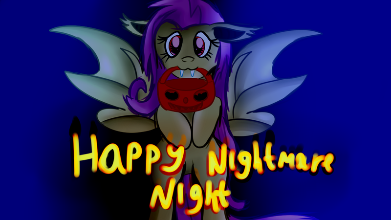 Size: 1280x720 | Tagged: safe, artist:jbond, derpibooru import, fluttershy, bat pony, pony, cute, flutterbat, halloween, holiday, looking at you, mouth hold, nightmare night, postcard, pumpkin bucket, race swap, shyabates, shyabetes, solo