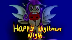Size: 1280x720 | Tagged: safe, artist:jbond, derpibooru import, fluttershy, bat pony, pony, cute, flutterbat, halloween, holiday, looking at you, mouth hold, nightmare night, postcard, pumpkin bucket, race swap, shyabates, shyabetes, solo