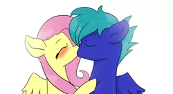 Size: 3332x1806 | Tagged: safe, artist:sisirr, derpibooru import, fluttershy, oc, oc:lightning bolt, pegasus, pony, canon x oc, flutterbolt, kissing, shipping