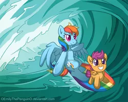 Size: 900x720 | Tagged: artist:oemilythepenguino, derpibooru import, ocean, rainbow dash, safe, scootaloo, scootalove, surfboard, surfing, wave