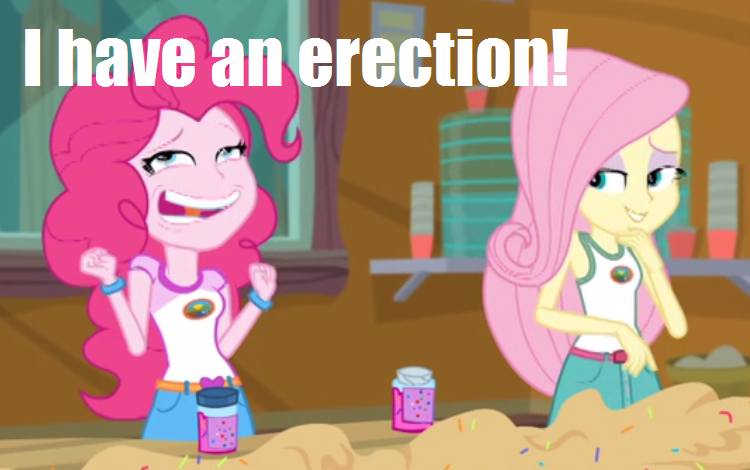 Size: 750x470 | Tagged: suggestive, derpibooru import, edit, edited screencap, screencap, fluttershy, pinkie pie, equestria girls, legend of everfree, legend of everfree - bloopers, caption, clothes, funny, implied erection, implied futa, meme, reaction image, sleeveless, tanktop