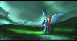 Size: 5041x2664 | Tagged: artist:auroriia, canterlot, derpibooru import, large wings, looking at you, rainbow dash, safe, scenery, solo, spread wings