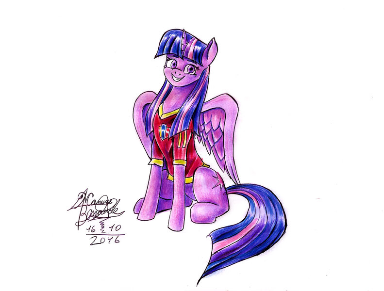 Size: 2952x2238 | Tagged: safe, artist:mannybcadavera, derpibooru import, twilight sparkle, twilight sparkle (alicorn), alicorn, pony, clothes, football, grin, jersey, simple background, sitting, smiling, solo, spread wings, traditional art, venezuela