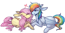 Size: 1471x742 | Tagged: safe, artist:lullabyprince, derpibooru import, fluttershy, rainbow dash, pegasus, pony, eyes closed, female, floppy ears, flutterdash, heart, lesbian, mare, missing cutie mark, nuzzling, prone, shipping, simple background, smiling, transparent background