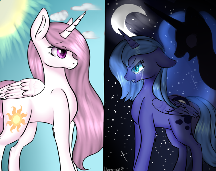 Size: 1019x809 | Tagged: artist:deerotic25, crying, derpibooru import, floppy ears, looking at each other, moon, nightmare moon, pink-mane celestia, princess celestia, princess luna, s1 luna, safe, sun