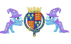 Size: 1384x864 | Tagged: safe, derpibooru import, trixie, pony, unicorn, cape, clothes, coat of arms, england, female, hat, heraldry, mare, order of the garter, simple background, supporters, trixie's cape, trixie's hat, white background