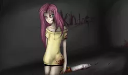 Size: 2408x1404 | Tagged: artist:michyfactory, blood, clothes, derpibooru import, human, humanized, knife, .mov, semi-grimdark, shed.mov, shirt, shorts, smiling, t-shirt