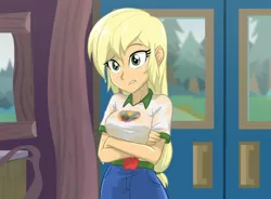 Size: 980x720 | Tagged: suggestive, artist:ta-na, derpibooru import, applejack, equestria girls, legend of everfree, breasts, busty applejack, clothes, denim, female, scene interpretation, shorts, solo, wet, wet clothes, wet hair, wet shirt, wet t-shirt