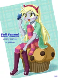 Size: 900x1200 | Tagged: safe, artist:uotapo, derpibooru import, derpy hooves, butterfly, equestria girls, blushing, boots, clothes, colored pupils, cosplay, costume, crossover, cute, derpabetes, disney, fall formal, fall formal princess competition, female, muffin, open mouth, pantyhose, sitting, socks, solo, star butterfly, star vs the forces of evil, striped socks, uotapo is trying to murder us, weapons-grade cute