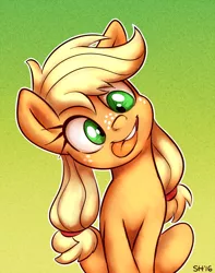 Size: 672x854 | Tagged: safe, artist:sorcerushorserus, derpibooru import, applejack, earth pony, pony, :p, cute, female, head tilt, jackabetes, mare, pigtails, silly, silly pony, sitting, smiling, solo, teenage applejack, tongue bite, tongue out, who's a silly pony