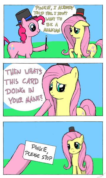 Size: 2480x4142 | Tagged: safe, artist:derpyjoel, derpibooru import, fluttershy, pinkie pie, comic, hat, magician, note, top hat