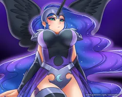 Size: 1000x795 | Tagged: armor, artist:racoonsan, bracer, breasts, busty nightmare moon, clothes, derpibooru import, eyeshadow, female, helmet, horned humanization, human, humanized, looking at you, looking down, makeup, nightmare moon, slit eyes, solo, solo female, spread wings, stockings, suggestive, unconvincing armor, underboob, winged humanization