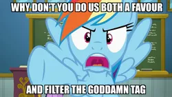 Size: 1920x1080 | Tagged: angry, derpibooru import, edit, edited screencap, filters, frown, glare, image macro, looking at you, meme, open mouth, pointing, question, rainbow dash, reaction image, safe, screencap, solo, spread wings, top bolt, uvula, vulgar