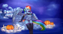 Size: 3960x2160 | Tagged: suggestive, alternate version, artist:elzzombie, derpibooru import, rainbow dash, anthro, belly button, bra, breasts, busty rainbow dash, candle, clothes, cloudsdale, costume, evening gloves, female, fingerless gloves, gloves, halloween, latex, latex gloves, latex socks, long gloves, looking at you, muscles, panties, pumpkin, rainbuff dash, shadowbolt dash, shadowbolts, shadowbolts costume, socks, solo, solo female, stockings, underboob, underwear