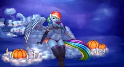 Size: 3960x2160 | Tagged: suggestive, alternate version, artist:elzzombie, derpibooru import, rainbow dash, anthro, bedroom eyes, belly button, bra, breasts, candle, clothes, cloudsdale, costume, evening gloves, female, fingerless gloves, gloves, halloween, latex, latex gloves, latex socks, long gloves, looking at you, muscles, panties, pumpkin, rainbuff dash, see-through, shadowbolt dash, shadowbolts, shadowbolts costume, side knot underwear, socks, solo, solo female, stockings, underboob, underwear