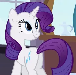 Size: 417x412 | Tagged: safe, derpibooru import, screencap, rarity, pony, unicorn, sweet and elite, cropped, cute, female, looking back, mare, plot, raribetes, scrunchy face, solo, wavy mouth