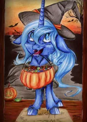 Size: 1024x1441 | Tagged: artist:scootiegp, bat, candy, cute little fangs, derpibooru import, fangs, filly, floppy ears, food, halloween, hat, holiday, jack-o-lantern, looking up, mouth hold, princess luna, pumpkin, pumpkin bucket, safe, solo, traditional art, trick or treat, unshorn fetlocks, witch hat, woona, younger
