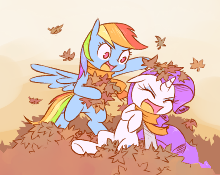 Size: 865x689 | Tagged: safe, artist:raridashdoodles, derpibooru import, rainbow dash, rarity, pegasus, pony, unicorn, autumn, bipedal, clothes, cute, dashabetes, eyes closed, female, floppy ears, hoof hold, leaves, lesbian, mare, open mouth, raribetes, raridash, scarf, shipping, smiling, spread wings, wide eyes