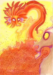 Size: 991x1410 | Tagged: artist:praysforaprankster, aztec, copic, derpibooru import, discord, fanfic, fanfic art, feathered serpent, fire, not the hero, quetzalcoatl, safe