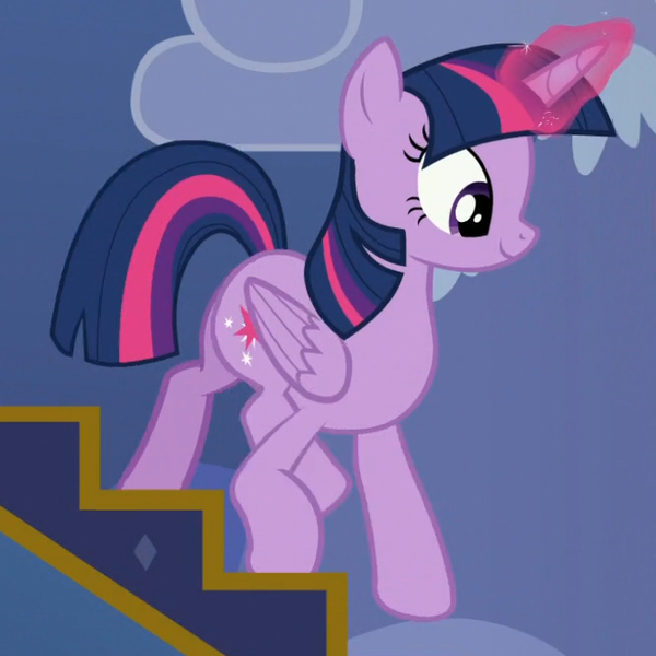 Size: 671x671 | Tagged: safe, derpibooru import, screencap, twilight sparkle, twilight sparkle (alicorn), alicorn, pony, to where and back again, animation error, cropped, female, glowing horn, magic, mare, qwop, solo, stairs