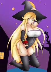 Size: 742x1050 | Tagged: apple, applejack, artist:lalox, boob freckles, breasts, busty applejack, cleavage, clothes, costume, derpibooru import, erect nipples, evening gloves, female, fingerless elbow gloves, food, freckles, gloves, halloween, hat, human, humanized, leotard, looking at you, nightmare night, nipple outline, socks, solo, solo female, stockings, suggestive, tailed humanization, thigh highs, toes, witch, witch hat