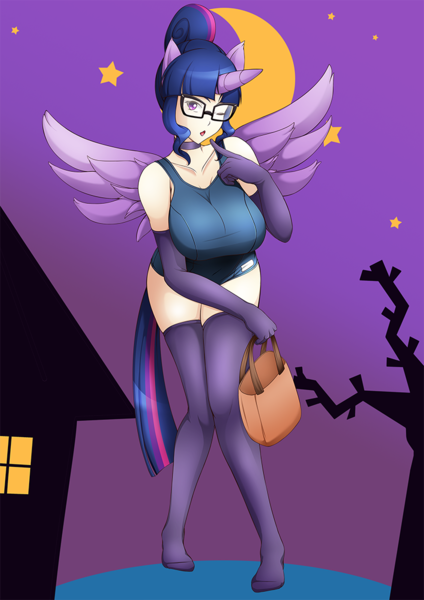 Size: 742x1050 | Tagged: arm boob squeeze, artist:lalox, bag, big breasts, breasts, busty twilight sparkle, choker, clothes, costume, derpibooru import, eared humanization, evening gloves, female, finger to mouth pose, glasses, gloves, halloween, holiday, horned humanization, human, humanized, looking at you, night, nightmare night, one eye closed, sci-twi, sexy, socks, solo, solo female, stockings, suggestive, sukumizu, tailed humanization, thigh highs, twilight sparkle, twilight sparkle (alicorn), winged humanization, wink