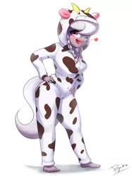 Size: 2000x2667 | Tagged: anthro, artist:burgerkiss, barefoot, clothes, costume, cow, cute, derpibooru import, feet, female, heart, kigurumi, looking at you, one eye closed, open mouth, plantigrade anthro, safe, silver moo, silver spoon, smiling, solo, wink