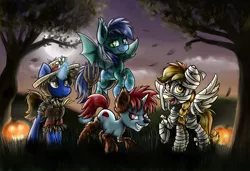 Size: 3600x2467 | Tagged: safe, artist:gaelledragons, derpibooru import, oc, oc:flashy, oc:little flame, oc:raving story, oc:red diamond, unofficial characters only, bat pony, pony, werewolf, clothes, costume, jack-o-lantern, mummy, night, nightmare night, nightmare night costume, pumpkin, scarecrow, tree