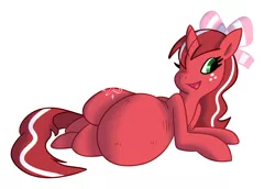 Size: 3000x2059 | Tagged: artist needed, safe, derpibooru import, oc, oc:red ribbon, unofficial characters only, pony, unicorn, belly, big belly, bow, fat, freckles, hair bow, lying down, side, simple background, solo, white background