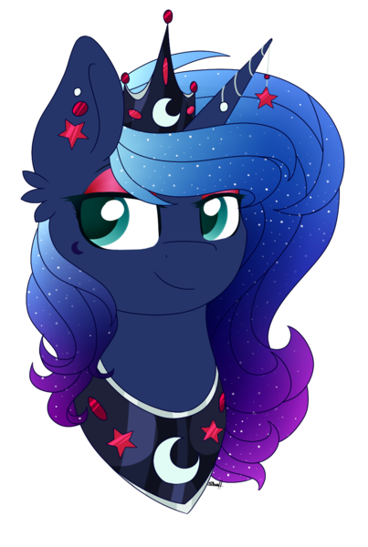 Size: 974x1449 | Tagged: alternate hair color, artist:cloud-drawings, bust, colored pupils, derpibooru import, ear piercing, earring, gradient mane, horn jewelry, jewelry, piercing, portrait, princess luna, safe, simple background, solo, transparent background