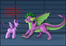 Size: 2630x1860 | Tagged: suggestive, artist:exelzior, derpibooru import, spike, twilight sparkle, twilight sparkle (alicorn), alicorn, pony, angry, book, chest fluff, colored claws, crying, duo, eyes closed, female, male, mare, missing cutie mark, nudity, older, older spike, quadrupedal spike, ruffled feathers, screaming, sheath, smiling, speech bubble, text, winged spike, wings