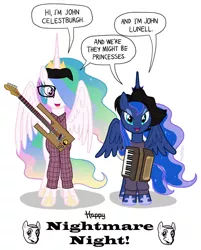 Size: 1031x1280 | Tagged: accordion, artist:kturtle, clothes, costume, derpibooru import, glasses, guitar, hair over one eye, musical instrument, ponified, princess celestia, princess luna, safe, they might be giants