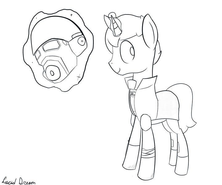 Size: 3000x2500 | Tagged: safe, artist:triplesevens, derpibooru import, oc, oc:lucid dream, unofficial characters only, pony, unicorn, clothes, costume, fallout, helmet, looking at you, magic, monochrome, ncr veteran ranger, simple background, smiling, solo