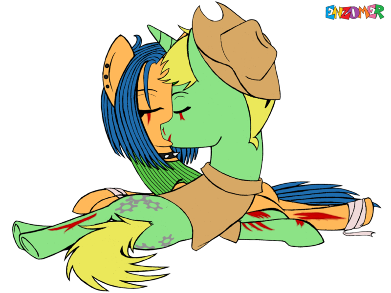 Size: 1032x774 | Tagged: artist:enzomersimpsons, bandage, blood, choker, clothes, cowboy hat, cowboy vest, crossover, cut, cute, derpibooru import, ear piercing, earring, eyes closed, fallout, fallout equestria, hat, jewelry, kissing, male, oc, oc:karve, oc:scrapper, oc x oc, piercing, scar, semi-grimdark, shipping, simple background, spiked choker, straight, tanktop, tape, transparent background, unofficial characters only