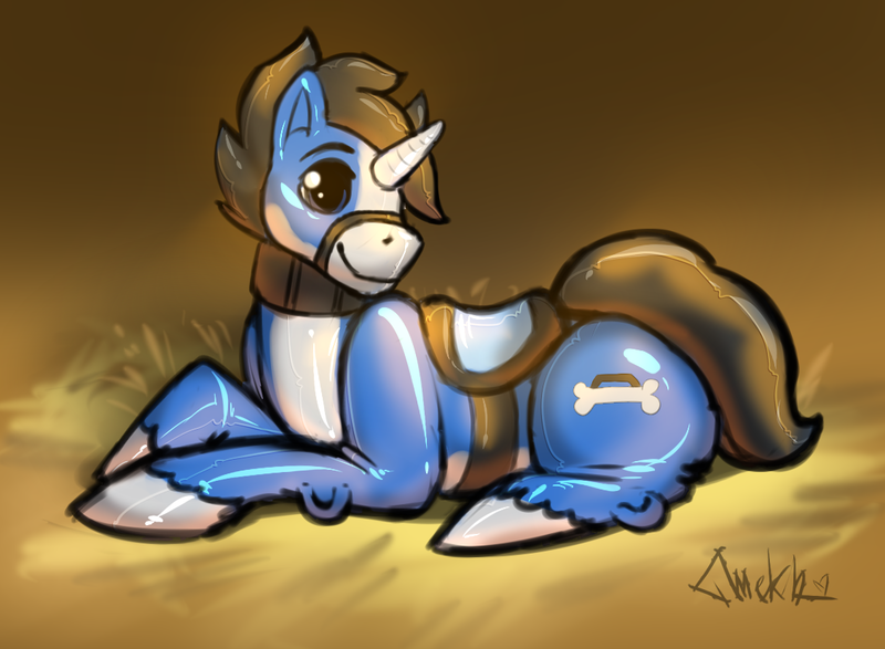 Size: 1130x829 | Tagged: safe, artist:mekh, derpibooru import, oc, oc:skyler, unofficial characters only, inflatable pony, pony, unicorn, inflatable, latex, pool toy, rubber, saddle, shiny, solo, tack