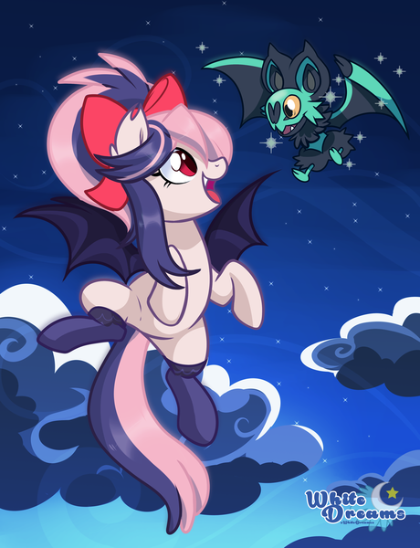 Size: 3064x4000 | Tagged: safe, artist:xwhitedreamsx, derpibooru import, oc, oc:sweet velvet, bat pony, noibat, pony, bow, clothes, crossover, cute, duo, fangs, hair bow, looking at each other, pokémon, shiny pokémon, stockings