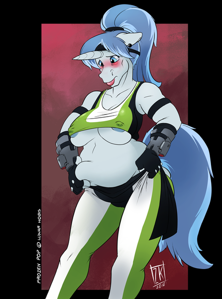 Size: 669x900 | Tagged: anthro, anthro oc, artist:zwitterkitsune, blushing, breasts, chubby, clothes, costume, derpibooru import, female, fingerless gloves, gloves, looking down, milf, mortal kombat, nipples, nudity, oc, oc:frozen pop, ponytail, questionable, solo, solo female, sonya blade, underboob, unofficial characters only
