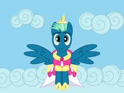 Size: 6000x4500 | Tagged: safe, artist:disty dusk, derpibooru import, sky stinger, pegasus, pony, top bolt, absurd resolution, clothes, coronation dress, crossdressing, crown, dress, heart eyes, horseshoes, jewelry, looking at you, male, princess, princess of flying, regalia, smiling, solo, spread wings, stallion, wingding eyes, wings