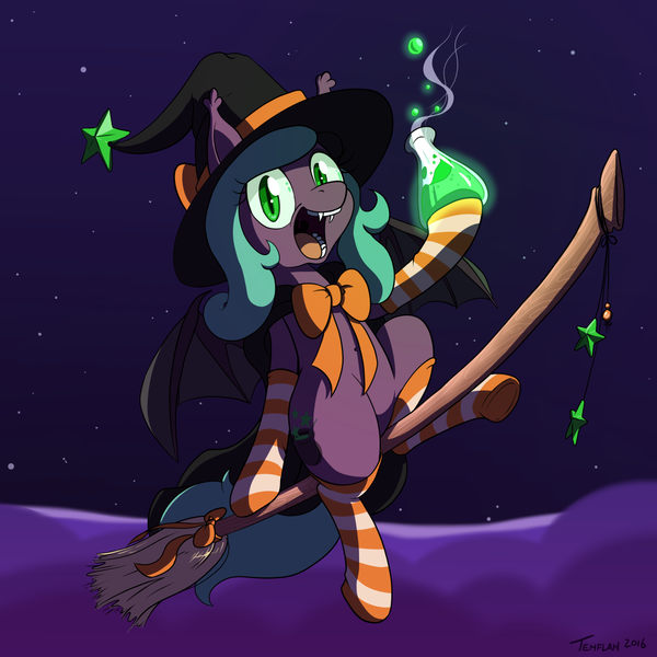 Size: 1125x1125 | Tagged: safe, artist:tehflah, derpibooru import, oc, oc:wicked ways, unofficial characters only, bat pony, pony, broom, cape, clothes, flask, flying, flying broomstick, hat, open mouth, potion, smiling, socks, solo, striped socks, witch hat