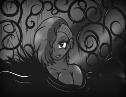 Size: 1300x1000 | Tagged: artist:lazerblues, blushing, breasts, cleavage, derpibooru import, ear piercing, female, grayscale, monochrome, oc, oc:bella, offspring, parent:oc:miss eri, piercing, satyr, solo, suggestive, tentacles, undercut, unofficial characters only
