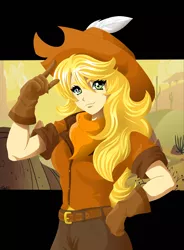 Size: 1508x2044 | Tagged: artist:ciderpunk, blonde, clothes, cowboy hat, derpibooru import, desert, gloves, hat, human, humanized, humanized oc, oc, oc:applesunrise, safe, scarf, solo, unofficial characters only, western