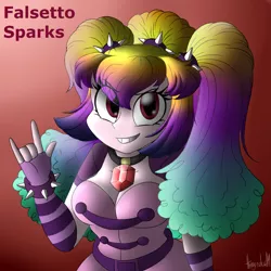 Size: 1000x1000 | Tagged: suggestive, artist:queentigrel, derpibooru import, adagio dazzle, aria blaze, sonata dusk, oc, oc:falsetto sparks, unofficial characters only, equestria girls, rainbow rocks, big breasts, bracelet, breasts, cleavage, devil horn (gesture), female, fusion, jewelry, solo, spiked wristband, the dazzlings