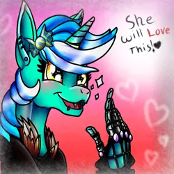 Size: 1024x1024 | Tagged: suggestive, artist:brainiac, derpibooru import, lyra heartstrings, pony, unicorn, artificial hands, blushing, bust, clothes, cute, dialogue, female, hairclip, implied bon bon, implied lyrabon, implied shipping, lyrabetes, mare, open mouth, piercing, smiling, solo, solo female, sparkles