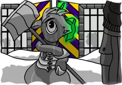 Size: 500x350 | Tagged: safe, artist:dantheman, derpibooru import, oc, unofficial characters only, human, pony, unicorn, fanfic, fanfic:chrysalis visits the hague, armor, barracks, breastplate, castle, chapter image, clothes, corporal punishment, fanfic art, fimfiction, fimfiction.net link, fort, glowing horn, grid, gritted teeth, handkerchief, holding, human in equestria, implied human, jacket, levitation, link in description, magic, military, military base, nervous, punishment, royal guard, scared, scarf, sergeant, shadow, shovel, sitting, snow, snow shovel, soldier, sweat, telekinesis, uniform, window