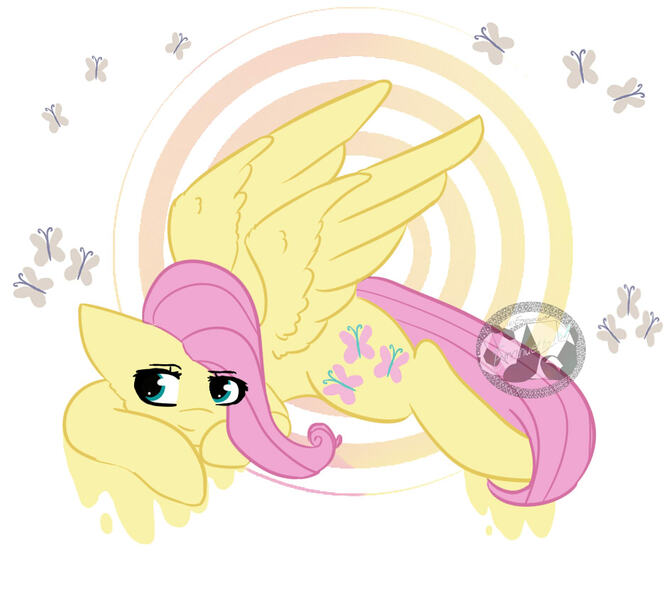 Size: 945x845 | Tagged: abstract background, artist:emanuelaa, cutie mark background, derpibooru import, fluttershy, looking away, lying down, safe, solo, spread wings