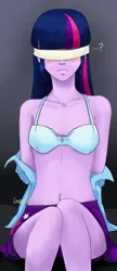 Size: 913x2119 | Tagged: suggestive, artist:gavgavitch, derpibooru import, twilight sparkle, equestria girls, belly button, blindfold, blue underwear, bondage, bra, breasts, clothes, cutie mark underwear, female, skirt, solo, solo female, underwear