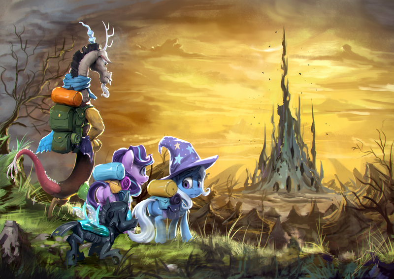 Size: 1920x1360 | Tagged: safe, artist:assasinmonkey, derpibooru import, discord, starlight glimmer, thorax, trixie, changeling, draconequus, pony, unicorn, to where and back again, changeling hive, changeling kingdom, epic, reformed four, scenery, spire