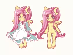 Size: 818x616 | Tagged: apron, artist:tolsticot, clothes, colored sketch, cute, derpibooru import, dress, edit, explicit source, fluttershy, maid, safe, semi-anthro, sfw edit, shyabetes, unshorn fetlocks