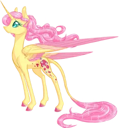 Size: 1545x1644 | Tagged: safe, artist:australian-senior, derpibooru import, fluttershy, alicorn, pony, kirindos, alicornified, alternate universe, colored hooves, colored wings, colored wingtips, fluttercorn, looking up, profile, race swap, simple background, solo, sparkles, spread wings, standing, transparent background