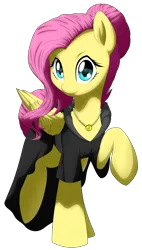 Size: 2210x3881 | Tagged: alternate hairstyle, artist:discorded-joker, black dress, clothes, costume, cute, derpibooru import, dress, fluttershy, folded wings, jewelry, looking at you, necklace, raised hoof, raised leg, safe, shyabetes, simple background, smiling, solo, transparent background